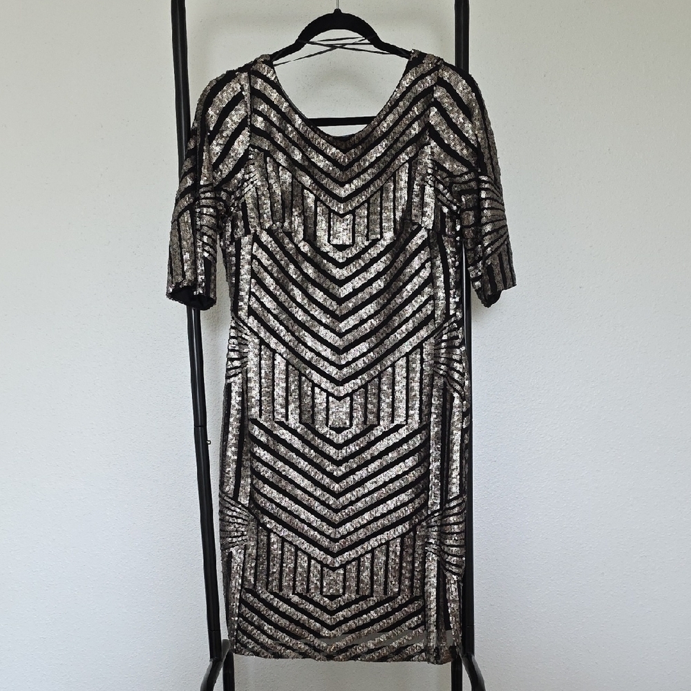 R & M Richards Black and Silver Sequin Geometric Midi Dress